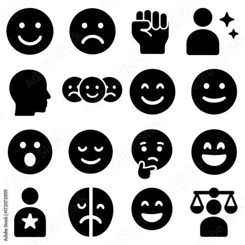 Emotional Icons: A collection of minimalistic glyphs illustrating a spectrum of emotional states, providing a simple yet powerful visual vocabulary for expressing human feelings and experiences. 