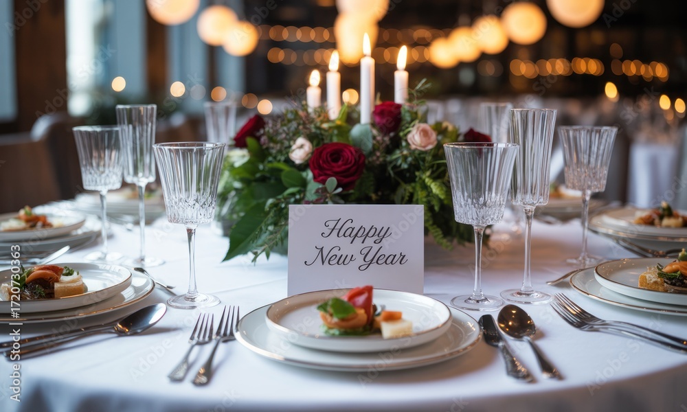 Fototapeta premium Festive dinner table setting with Happy New Year card