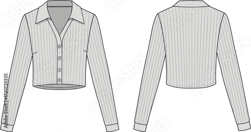 Women’s cropped shirt fashion flat sketch, CAD drawing vector illustration, stylish blouse design template, technical apparel sketch, garment fashion outline