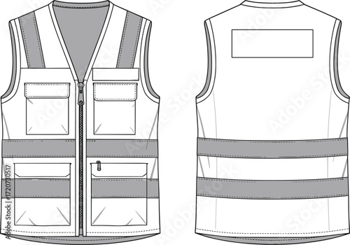 Safety vest CAD drawing, flat vector illustration, technical fashion sketch, construction workwear template, utility vest design for apparel