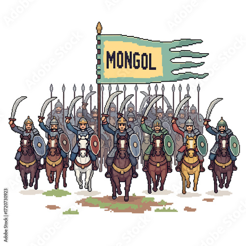 Mongol Horde Pixel Art of Ancient Warriors on Horseback, Celebrating History and Culture