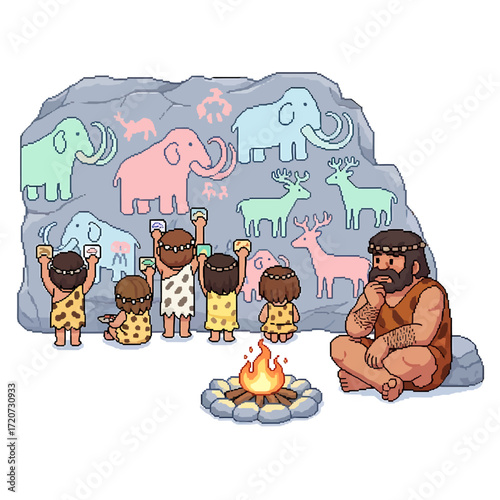 Caveman family admiring prehistoric art a glimpse into ancient storytelling and community