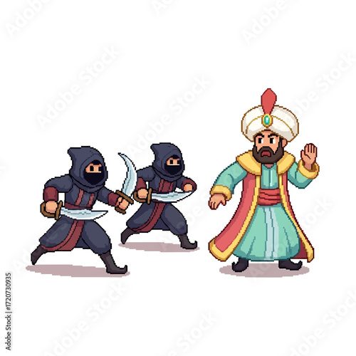 Pixel art illustration of two hooded assassins with daggers launching a surprise attack on a wealthy sultan in a retro video game style