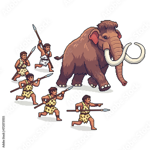 Cavemen Hunting Mammoth Pixel Art Prehistoric Scene