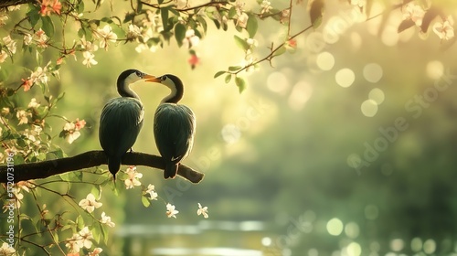 Just above a water stream, Couple of large birds in its flowered natural perch. Neutral lighting. Lusu green bokeh background