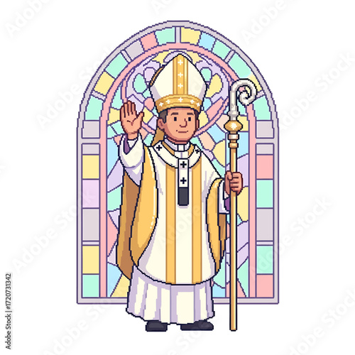 Pixelated Bishop Figure Waving Before a Stained Glass Window