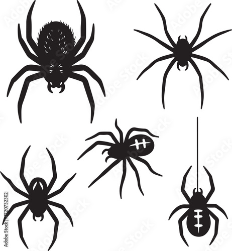 Spider Silhouette Collection: A diverse compilation of spider silhouettes against a clear backdrop, ideal for design, embodying the essence of nature, fear, and mystery.