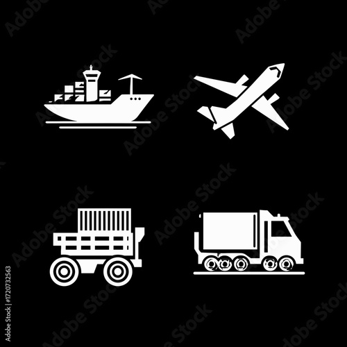 This image features a set of clean and simple white vector icons representing different modes of transport and logistics: a cargo ship, an airplane, a container truck, and a waste management truck. Th