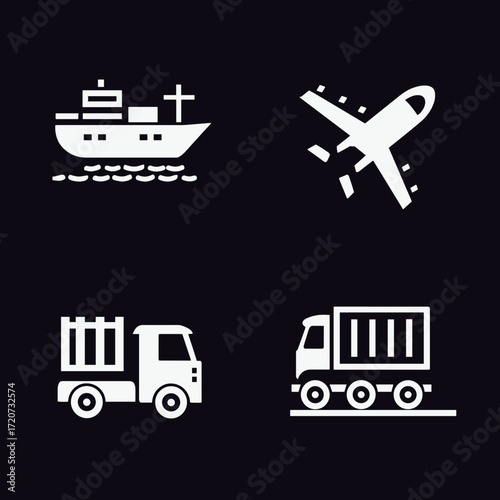 This image features a set of clean and simple white vector icons representing different modes of transport and logistics: a cargo ship, an airplane, a container truck, and a waste management truck. Th