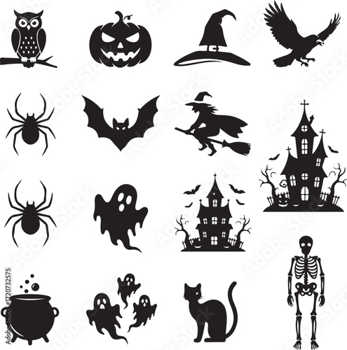 Halloween Silhouette: This image is a silhouette of various iconic Halloween elements, set against a black background, creating a spooky and fun atmosphere. 
