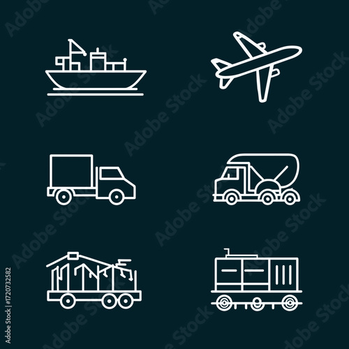 This image features a set of clean and simple white vector icons representing different modes of transport and logistics: a cargo ship, an airplane, a container truck, and a waste management truck. Th