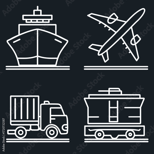This image features a set of clean and simple white vector icons representing different modes of transport and logistics: a cargo ship, an airplane, a container truck, and a waste management truck. Th