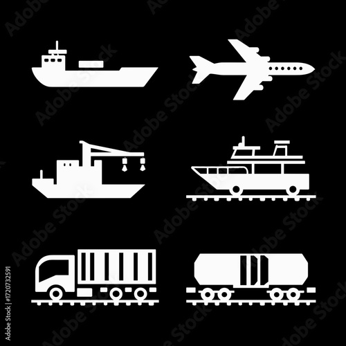 This image features a set of clean and simple white vector icons representing different modes of transport and logistics: a cargo ship, an airplane, a container truck, and a waste management truck. Th
