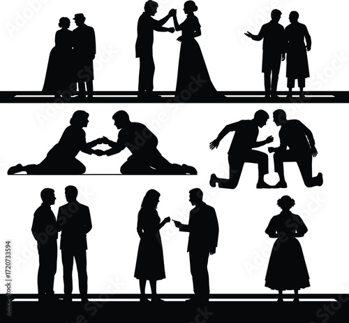 Silhouette, couple, proposal, dance, conversation, friendship, romance, unity, celebration, gesture, interaction, people, social, relationship, love, wedding, engagement, support, group, meeting