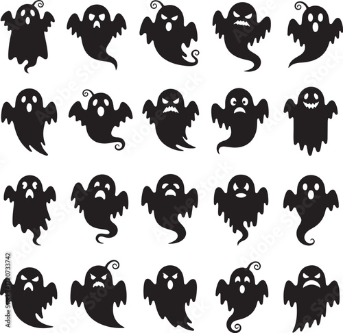 Spooky Silhouette Specter Parade: A chilling array of spectral silhouettes, each bearing a unique expression, float and frolic, evoking the playful spirit of Halloween.