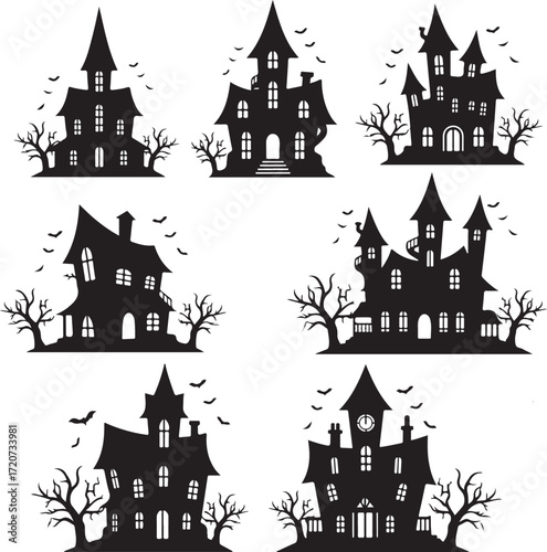 Spooky silhouette of haunted house: A collection of haunting silhouettes of gothic, looming houses against the sky evoking a sense of unease and dread