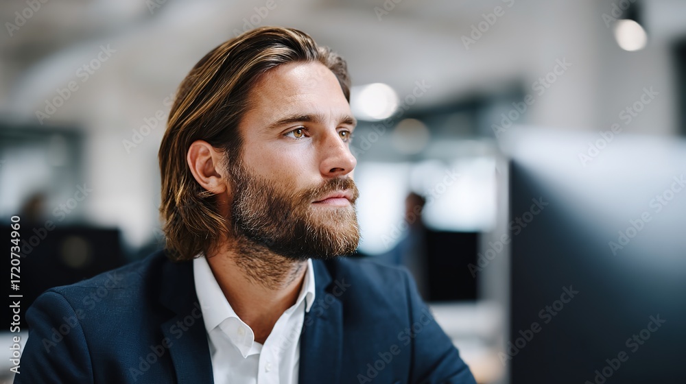 Obraz premium Thoughtful Businessman in Modern Office Setting, Contemplating Ideas