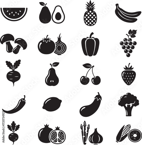 Diverse Fruit and Vegetables Collection: A beautifully crafted collection of fresh, organic fruits and vegetables, showcasing the bounty of nature's harvest.