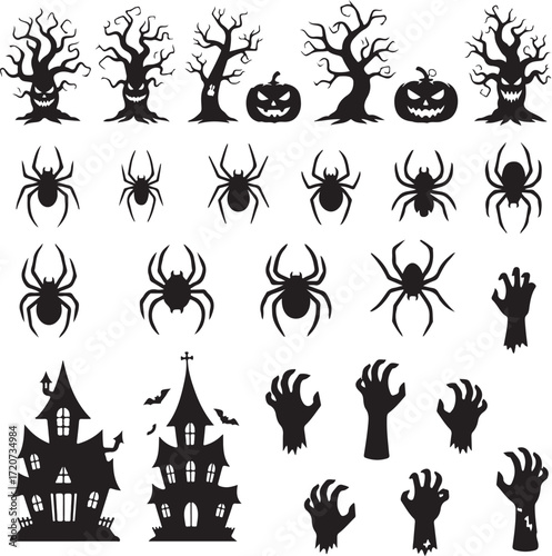 Spooky Halloween Silhouette Set: A collection of creepy Halloween silhouettes featuring gnarled trees, grinning pumpkins, sinister spiders, haunting hands, and a ghostly haunted house.