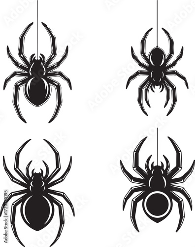 Intricate Arachnid Silhouettes: Detailed black silhouette of spiders hanging from invisible threads against an empty canvas, offering an elegant and adaptable design element.