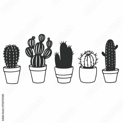 A charming collection of five distinct potted cactus plants rendered in a simple black and white silhouette style perfect for decorative or illustrative purposes