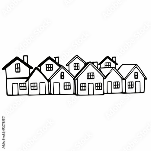 A charming hand drawn illustration of a row of simple houses with pitched roofs and windows creating a cozy neighborhood scene perfect for design projects
