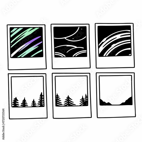 A collage of six hand drawn polaroid style frames showcasing abstract colorful lines starry night sky curved lines pine trees and a mountain landscape