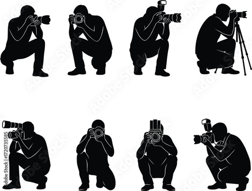 Silhouette, photographer, camera, tripod, crouching, kneeling, shooting, lens, flash, professional, photography, action, studio, outdoor, capture, hobby, equipment, artistic, creative, photojournalism