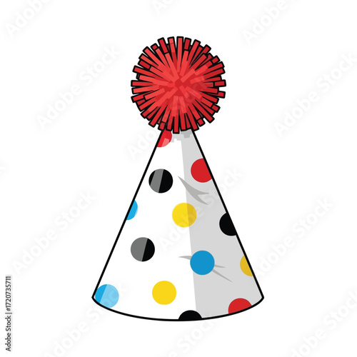 Vector illustration of a festive party hat with a red pompom and colorful polka dots, isolated on a