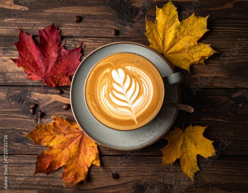 Autumn coffee with latte art and leaves