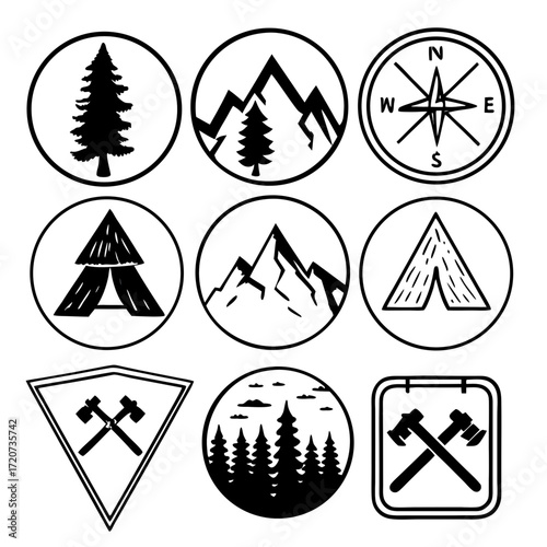 A collection of nine black and white circular and square icons representing outdoor adventure and camping themes including trees mountains tents compass and axes for graphic design elements