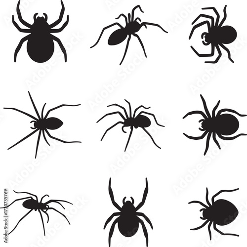 Shadowy Silhouette of Spiders: A collection of nine stark, silhouette renderings of spiders, each portraying a distinct stance, creates a spooky graphic resource for design concepts. 