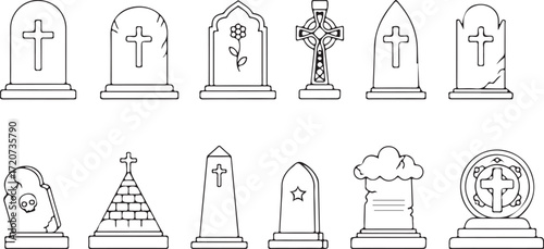 Eternal Memorials: A collection of diverse headstones, meticulously illustrated with various styles, shapes and decorations, each a unique symbol of remembrance and heritage.