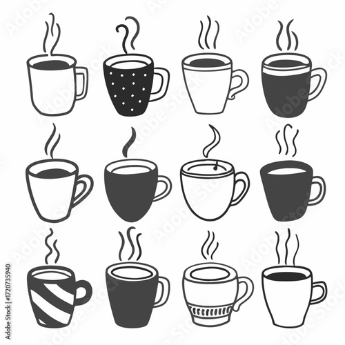 A collection of twelve diverse hand drawn coffee cups and mugs with steam illustrating hot beverages perfect for breakfast or a cozy break