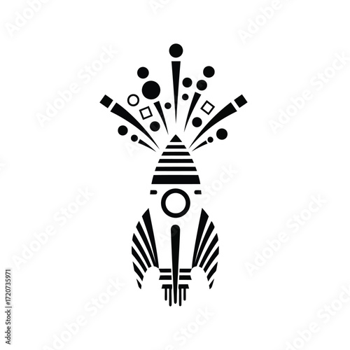 Vector illustration of stylized black and white rocket ship icon with an abstract explosion of geometric shapes and dots