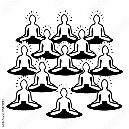A group of stylized figures in a meditative pose each with radiating lines around their heads symbolizing enlightenment or spiritual energy arranged in a harmonious pattern on a white background