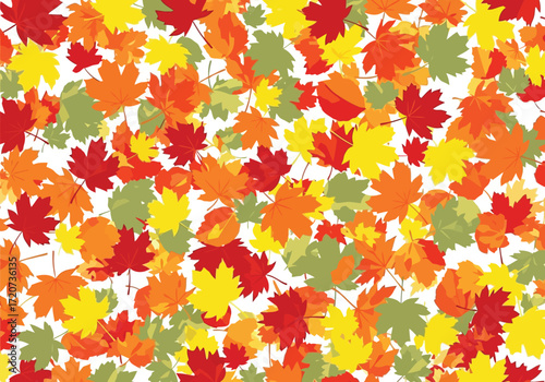 Vector illustration of seamless pattern of colorful autumn maple leaves in red, orange, yellow, and green on a