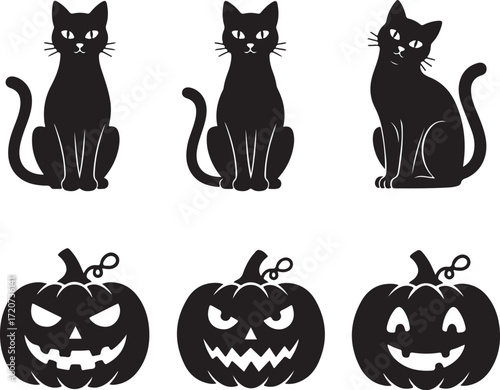 Mysterious Halloween Collection: A haunting collection of silhouetted black cats and carved pumpkins, set against a mysterious backdrop, embodying the spirit of Halloween.
