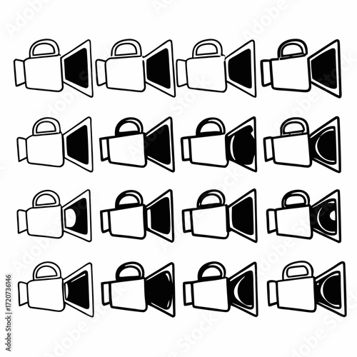 A repeating pattern of simple black and white line art icons representing retro film cameras or movie cameras alternating between solid black and outline styles