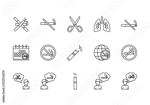 Vector illustration of set of icons related to smoking and its consequences, including no smoking signs, lungs, scissors, and people thinking about smoking