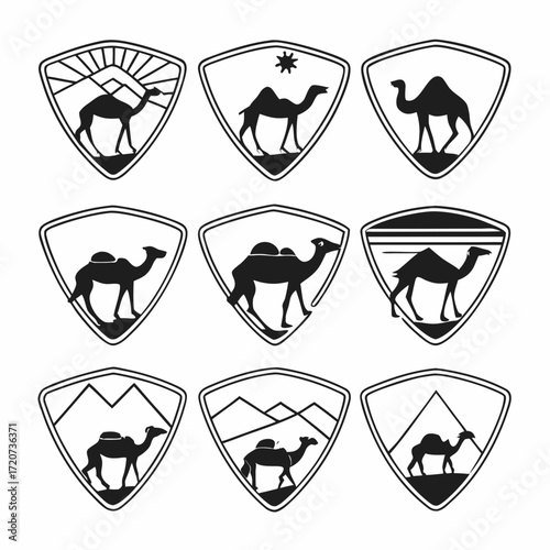 Collection of nine black and white shield emblems featuring camels in various desert landscapes with mountains sun and stars perfect for travel or adventure logos