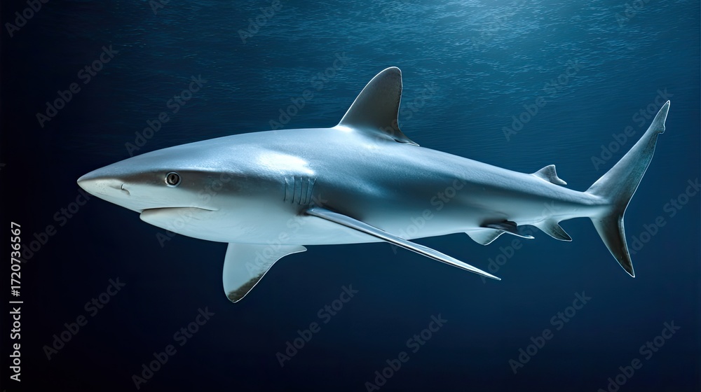 Obraz premium Graceful Shark Swimming in Deep Blue Ocean Waters with Sunlight Streaming Through the Surface