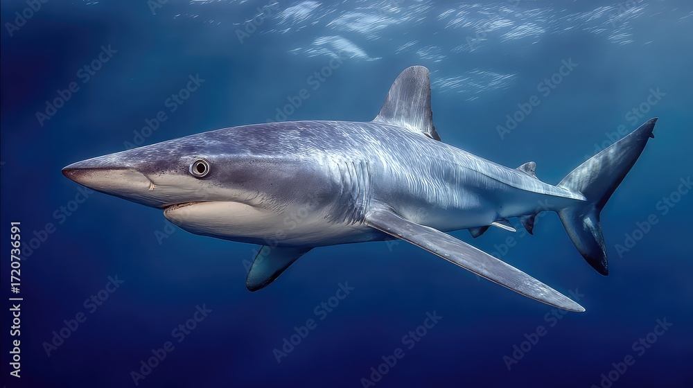 Obraz premium Close-Up View of a Shark Swimming Gracefully Through Clear Blue Ocean Waters