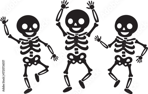 Dancing Skeletons: Three whimsical skeletons leap into the air in a spooky, artistic tableau of dance, their bones meticulously detailed, bringing an animated yet chilling vibe to the scene.