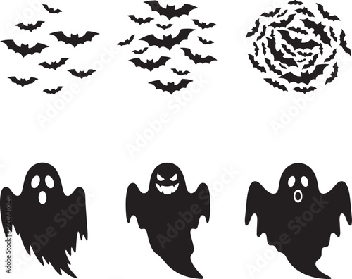 Halloween Icons: This image features an assortment of Halloween icons, including silhouettes of bats in various formations and three distinct ghost figures.