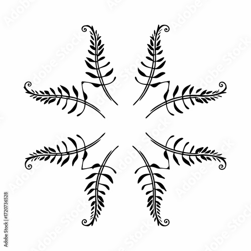 Elegant black fern frond radial design with delicate swirling tips creating a symmetrical starburst pattern on a clean white background perfect for natural or botanical themes