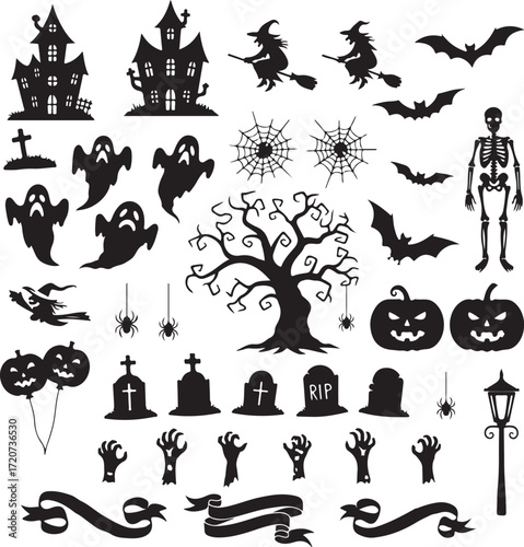 Silhouette Set of Halloween Icons: A spooky collection of illustrated icons features haunted houses, witch silhouettes, flying bats, grinning jack-o'-lanterns, menacing spiders, ghostly apparitions.