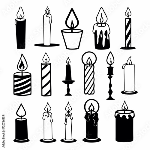 Collection of various black and white candle illustrations with different shapes sizes and designs including drippy wax and striped patterns representing light and celebration