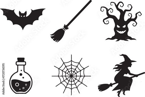Silhouette Halloween Icons: A collection of Halloween themed silhouette icons, the composition including a bat, a broom, a tree, a potion bottle, spider web and witch silhouette.