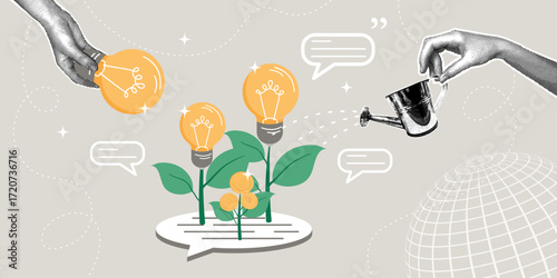 Trendy halftone collage. Cultivating ideas and innovation, gathering ideas. Concept of new business ideas, communication, information, discussion, feedback, and dialogue.